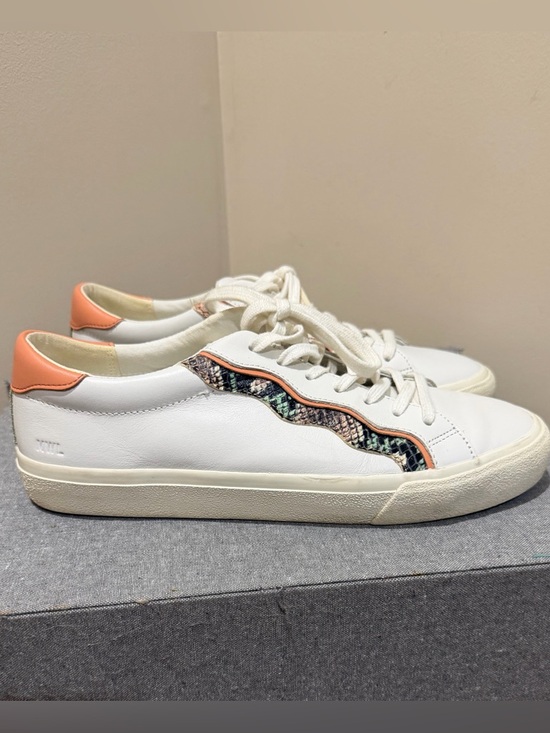 Madewell Shoes - Madewell Sidewalk White Leather Sneakers with Peach Trim and Snake-Print Accent
